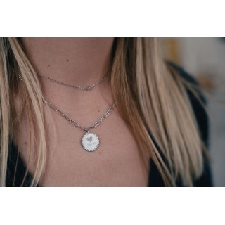 COLLIER ROND COEUR STRASS MAMAN ACIER INOXYDABLE SILVER PETIT PRIX