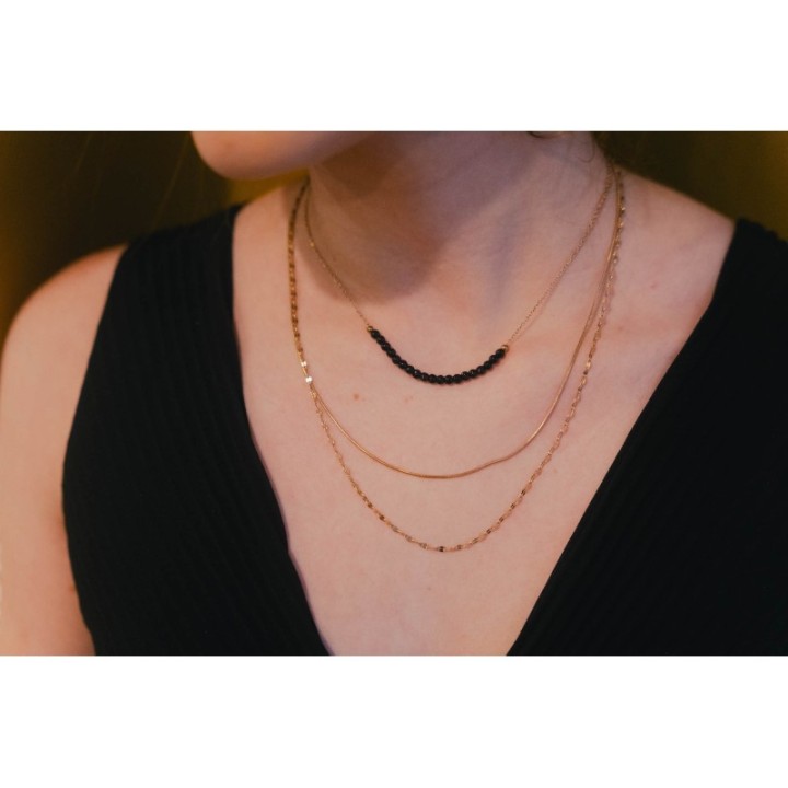 COLLIER MULTI RANGS PERLES NOIRES ACIER INOXYDABLE GOLD PETIT PRIX