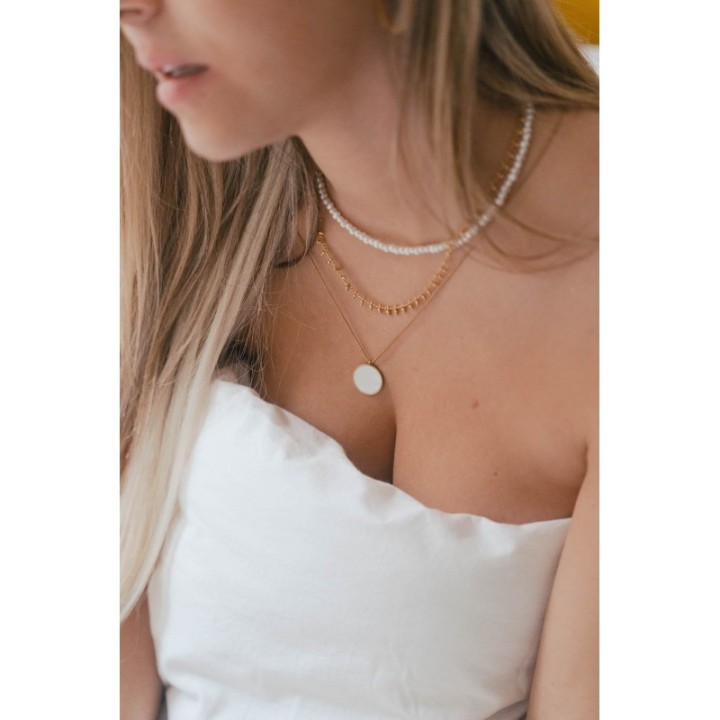 COLLIER PAMPILLES PERLES ACIER INOXYDABLE GOLD PETIT PRIX