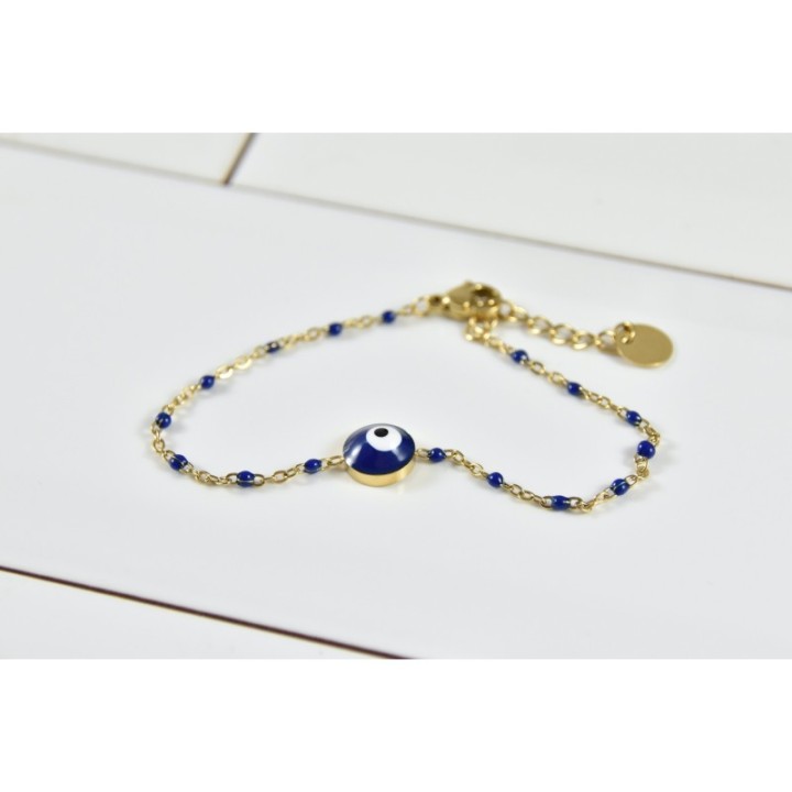 BRACELET PERLES ET OEIL BLEUS ACIER INOXYDABLE GOLD PETIT PRIX