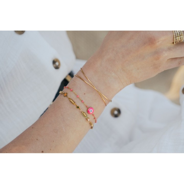 BRACELET PERLES ET OEIL ROSES ACIER INOXYDABLE GOLD PETIT PRIX