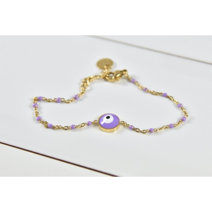 BRACELET PERLES ET OEIL VIOLETS ACIER INOXYDABLE GOLD PETIT PRIX