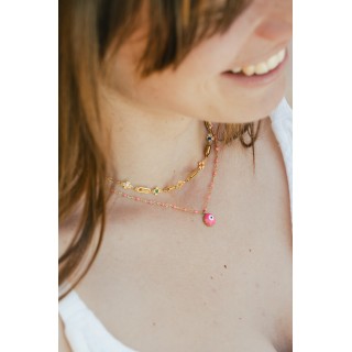 COLLIER CYLINDRIQUES FLEURS MUTLICOLORES ACIER INOX GOLD PETIT PRIX