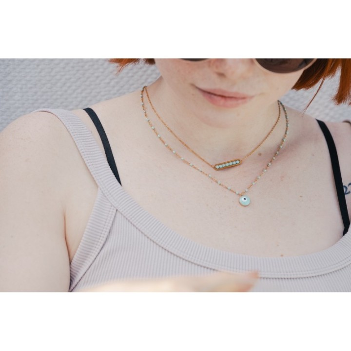 COLLIER MEDAILLON RECTANGLE VERT ACIER INOXYDABLE GOLD PETIT PRIX