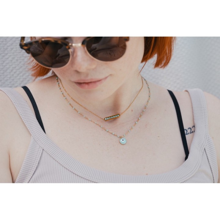 COLLIER PERLES ET OEIL TURQUOISES ACIER INOXYDABLE GOLD PETIT PRIX