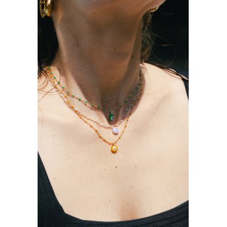 COLLIER PERLES ET OEIL ORANGES ACIER INOXYDABLE GOLD PETIT PRIX