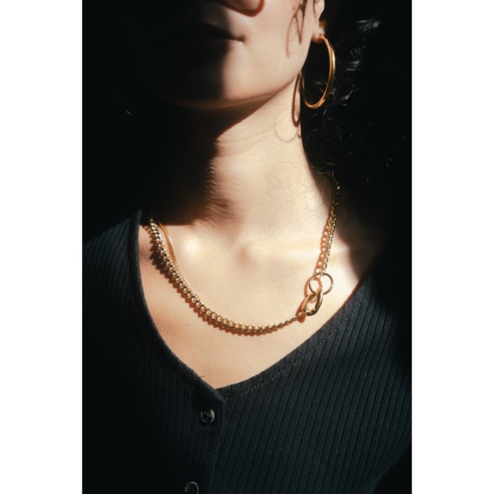 COLLIER GROSSE MAILLE DEUX ANNEAUX ACIER INOXYDABLE GOLD PETIT PRIX