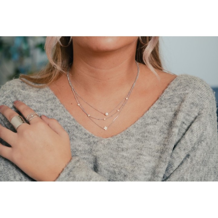 COLLIER 3 RANGS TREFLE PERLE NACRE ACIER INOXYDABLE SILVER PETIT PRIX