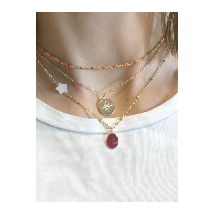 COLLIER PERLES ROUGES ACIER INOXYDABLE GOLD PETIT PRIX