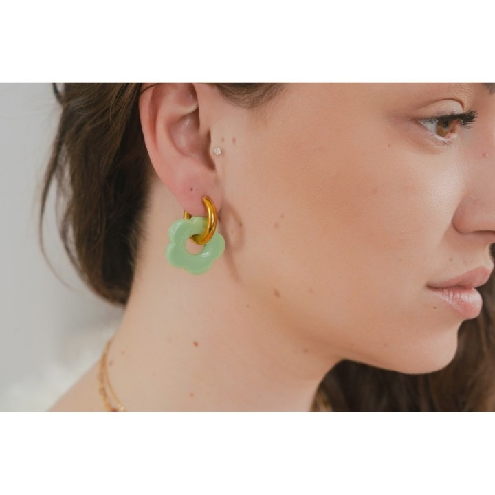 BOUCLES CREOLES FLEURS VERT CLAIR ACIER INOXYDABLE GOLD PETIT PRIX