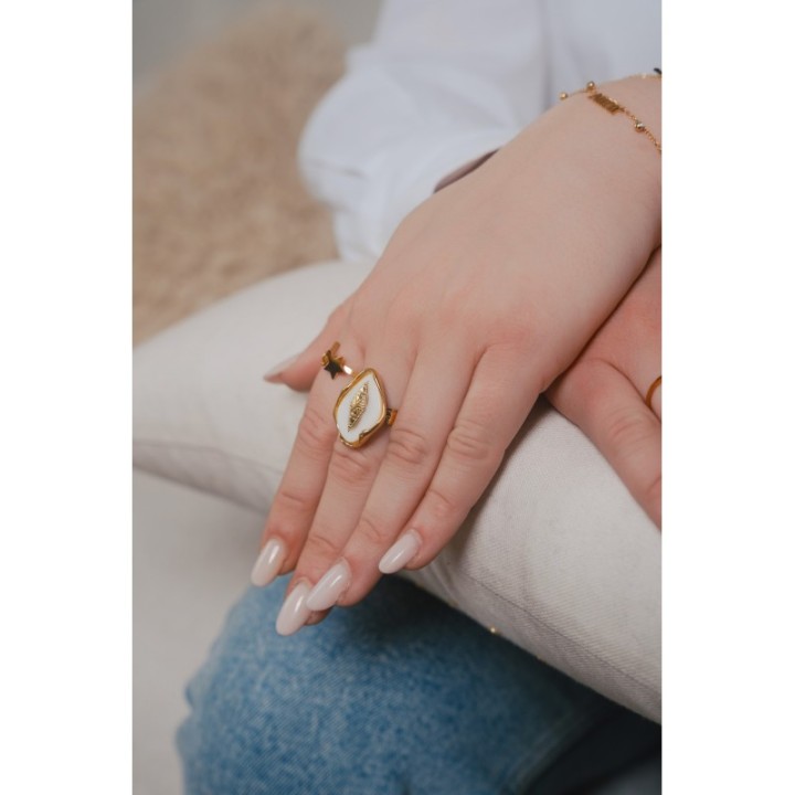 BAGUE BLANCHE LOSANGE ET ETOILE ACIER INOXYDABLE GOLD PETIT PRIX