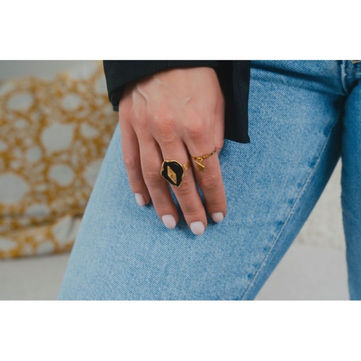 BAGUE NOIRE LOSANGE ET ETOILE ACIER INOXYDABLE GOLD PETIT PRIX