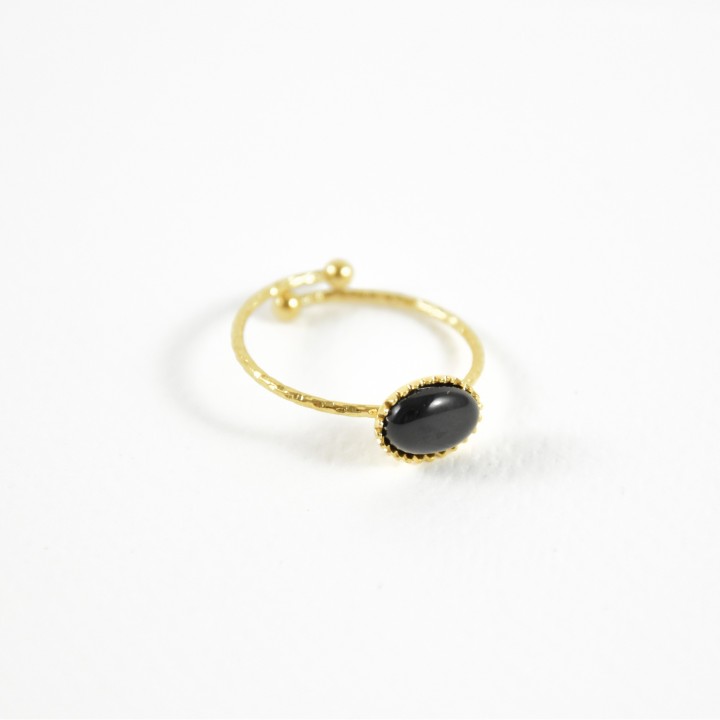 BAGUE ANNEAU FIN PIERRE NOIRE OVALE ACIER INOXYDABLE GOLD PETIT PRIX