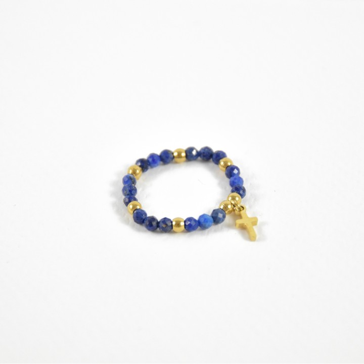 BAGUE LAPIS LAZULI ET CROIX ACIER INOXYDABLE GOLD PETIT PRIX