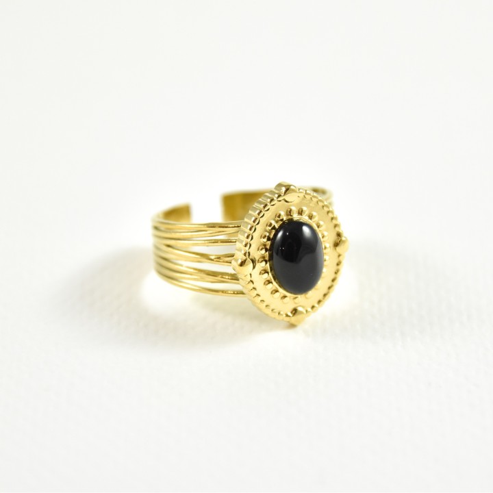 BAGUE LARGE OVALE PIERRE NOIRE ACIER INOXYDABLE GOLD PETIT PRIX