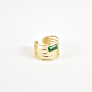 BAGUE CINQ ANNEAUX STRASS VERT ACIER INOXYDABLE GOLD PETIT PRIX