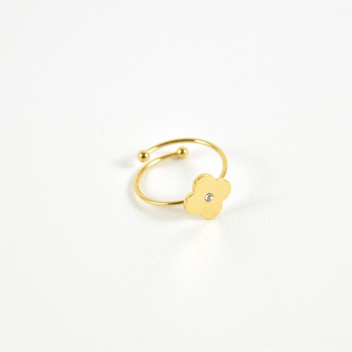 BAGUE TREFLE STRASS ACIER INOXYDABLE GOLD PETIT PRIX