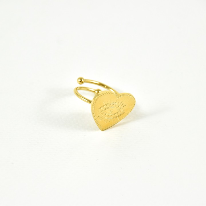 BAGUE COEUR OEIL GRAVE ACIER INOXYDABLE GOLD PETIT PRIX