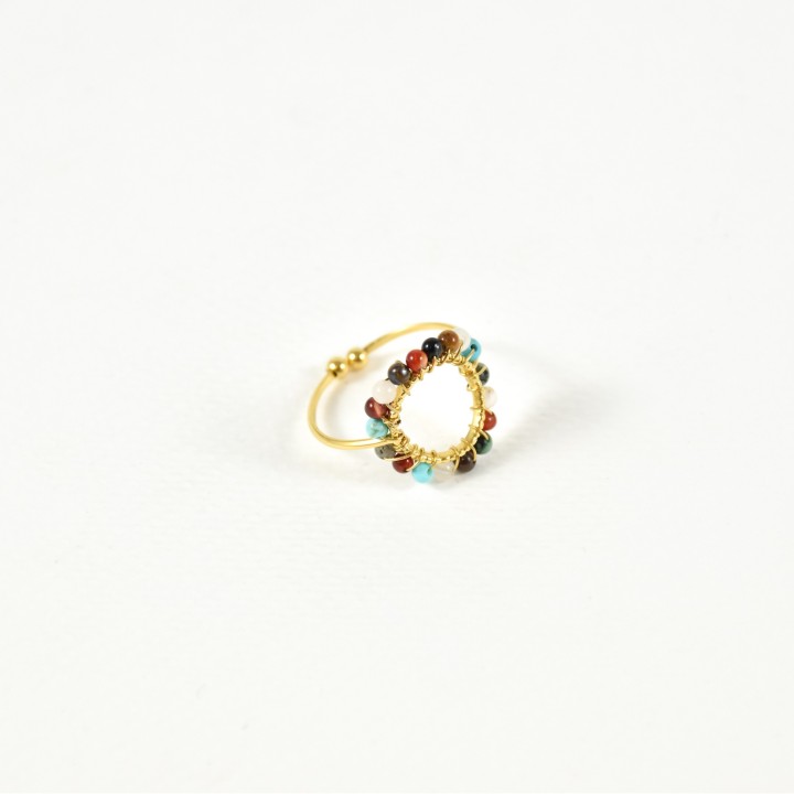 BAGUE RONDE PERLES MULTICOLORES ACIER INOXYDABLE GOLD PETIT PRIX