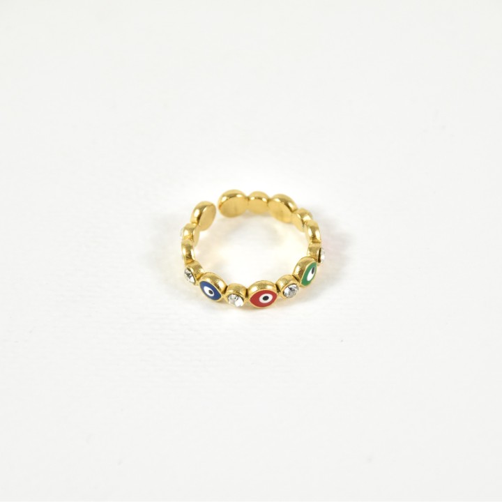 BAGUE YEUX MULTICOLORES ACIER INOXYDABLE GOLD PETIT PRIX