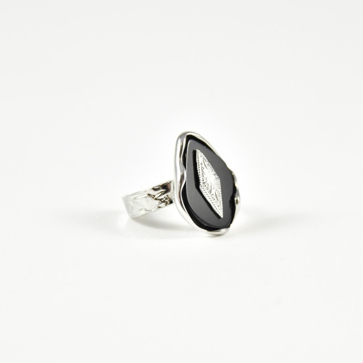 BAGUE NOIRE LOSANGE ET ETOILE ACIER INOXYDABLE SILVER PETIT PRIX