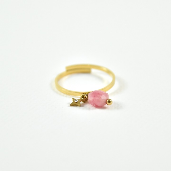 BAGUE PIERRE ROSE ETOILE STRASS ACIER INOXYDABLE GOLD PETIT PRIX