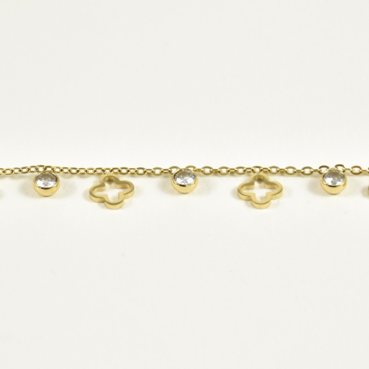 BRACELET TREFLES ET STRASS ACIER INOXYDABLE GOLD PETIT PRIX