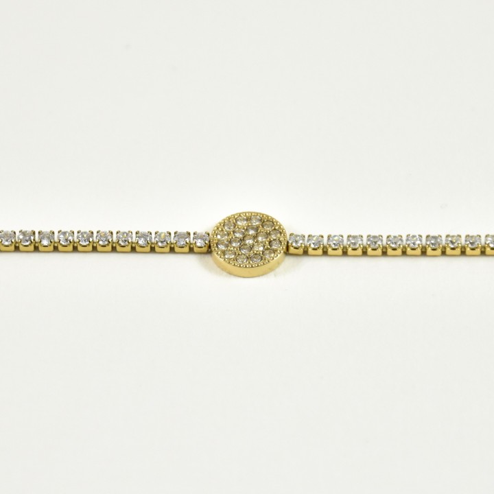 BRACELET TOTAL STRASS MEDAILLE RONDE ACIER INOXYDABLE GOLD PETIT PRIX