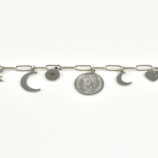 BRACELET MEDAILLE LUNE ETOILE COEUR ACIER INOXYDABLE SILVER PETIT PRIX