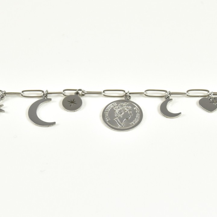 BRACELET MEDAILLE LUNE ETOILE COEUR ACIER INOXYDABLE SILVER PETIT PRIX