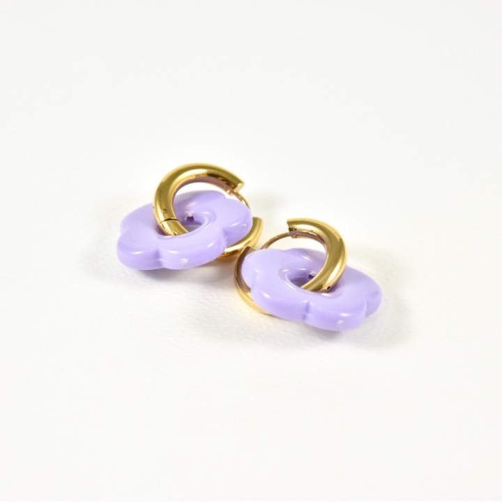 BOUCLES CREOLES FLEURS MAUVES ACIER INOXYDABLE GOLD PETIT PRIX