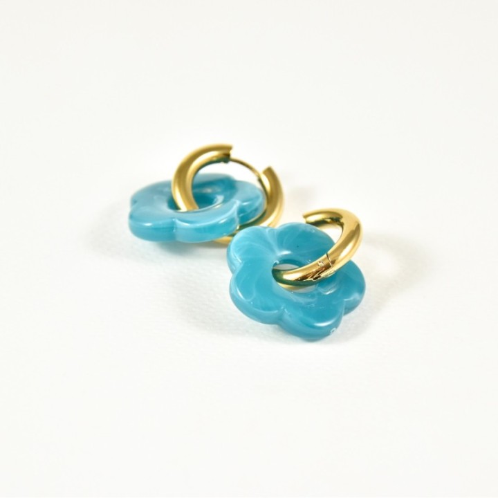 BOUCLES CREOLES FLEURS TURQUOISES ACIER INOXYDABLE GOLD PETIT PRIX