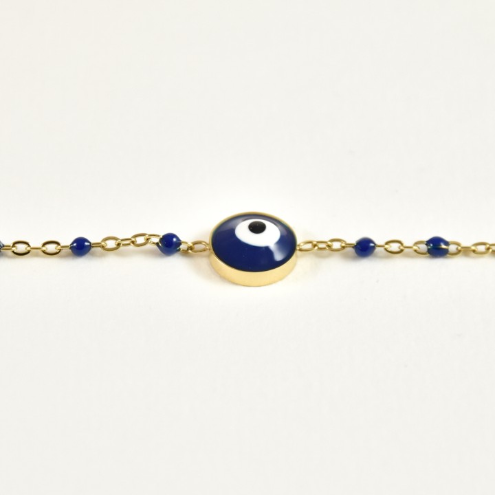 BRACELET PERLES ET OEIL BLEUS ACIER INOXYDABLE GOLD PETIT PRIX