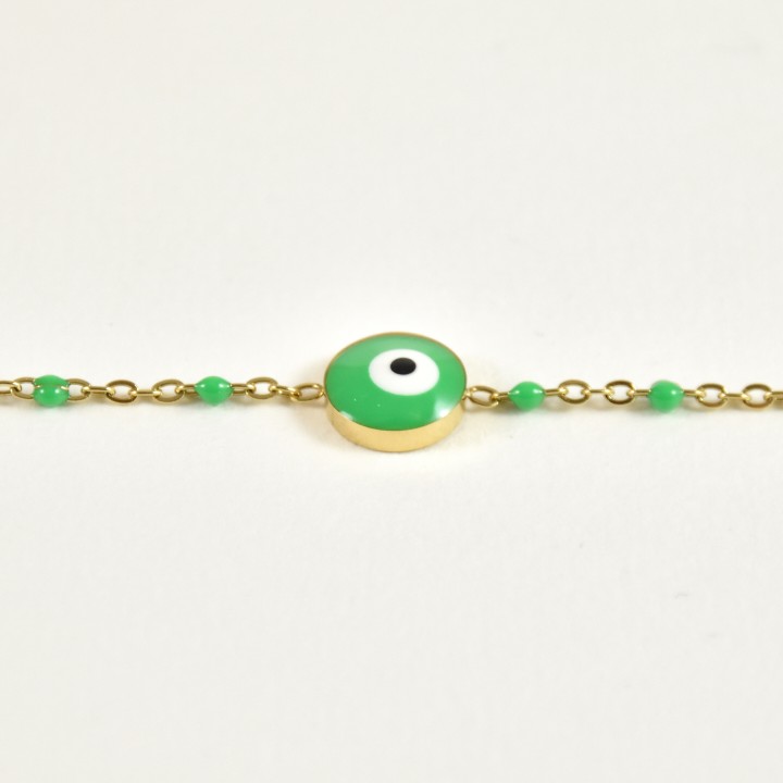 BRACELET PERLES ET OEIL VERTS ACIER INOXYDABLE GOLD PETIT PRIX