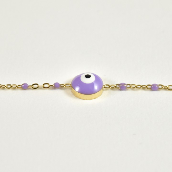 BRACELET PERLES ET OEIL VIOLETS ACIER INOXYDABLE GOLD PETIT PRIX