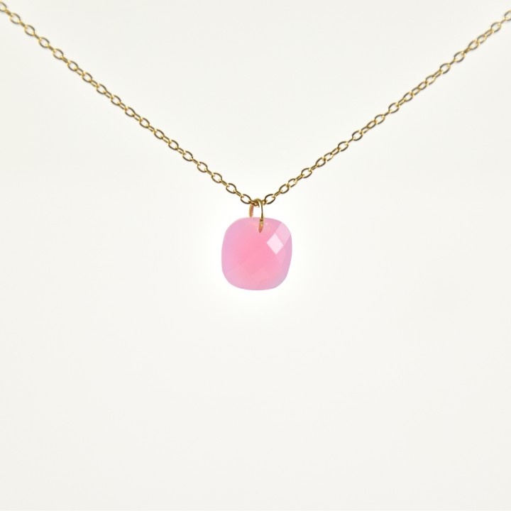 COLLIER CARRE FACETTES ROSE ACIER INOXYDABLE GOLD PETIT PRIX