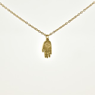 COLLIER MAIN GRAVEE SOLEIL OEIL ACIER INOXYDABLE GOLD PETIT PRIX