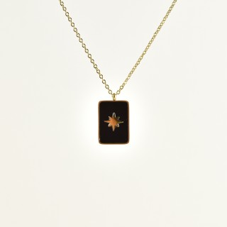 COLLIER MEDAILLON CARRE NOIR ETOILE ACIER INOXYDABLE GOLD PETIT PRIX