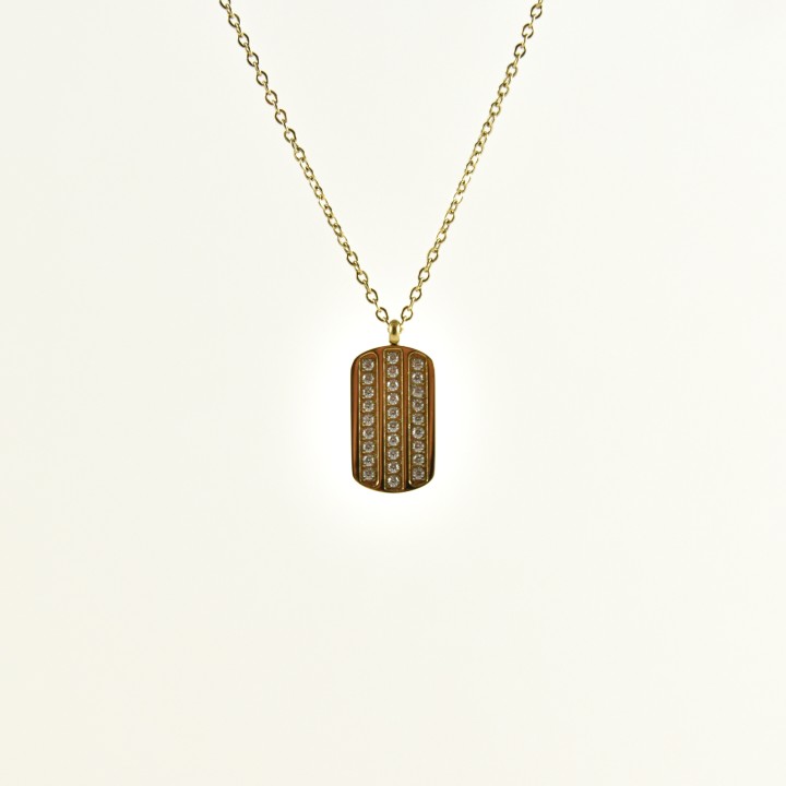 COLLIER MEDAILLON RECTANGLE STRASS ACIER INOXYDABLE GOLD PETIT PRIX