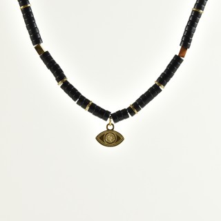 COLLIER PERLES NOIRES ET OEIL ACIER INOXYDABLE GOLD PETIT PRIX