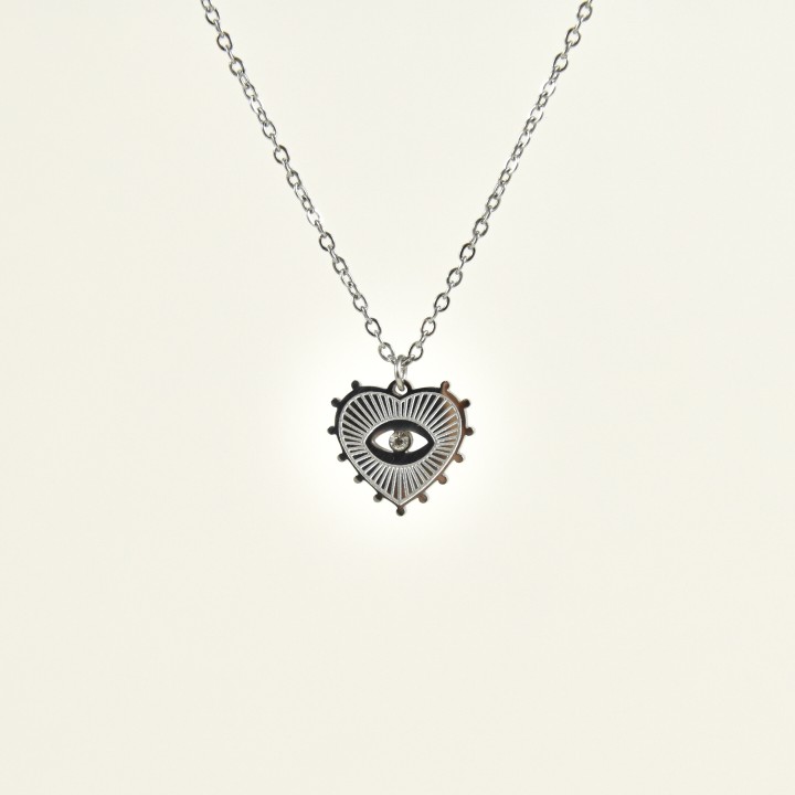 COLLIER COEUR GRAVE OEIL STRASS ACIER INOXYDABLE SILVER PETIT PRIX