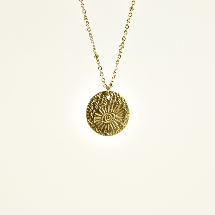 COLLIER MEDAILLON OEIL MARTELE ACIER INOXYDABLE GOLD PETIT PRIX