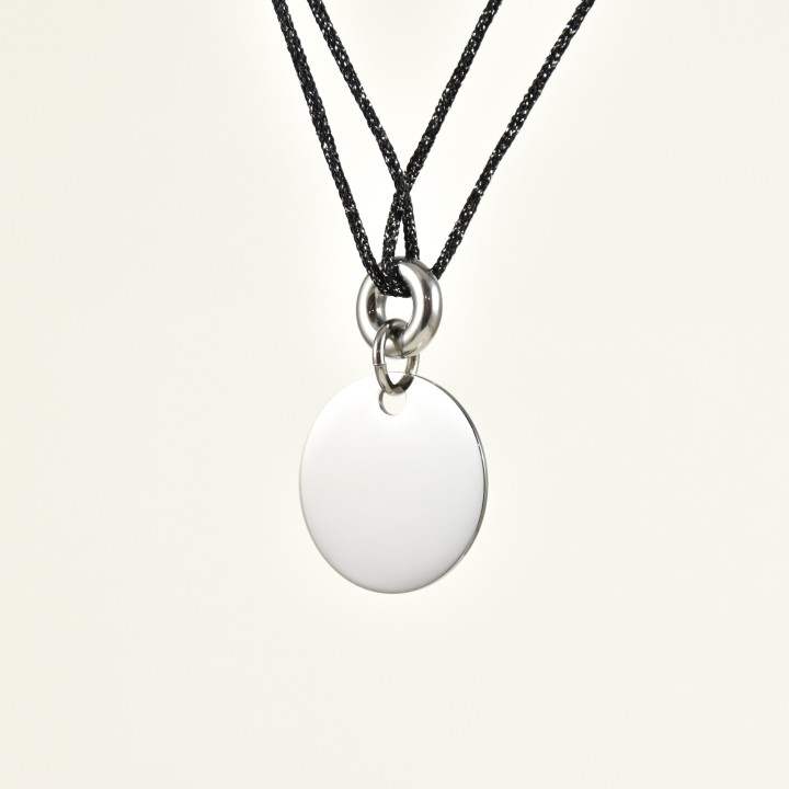 COLLIER CORDON NOIR PASTILLE RONDE ACIER INOXYDABLE SILVER PETIT PRIX