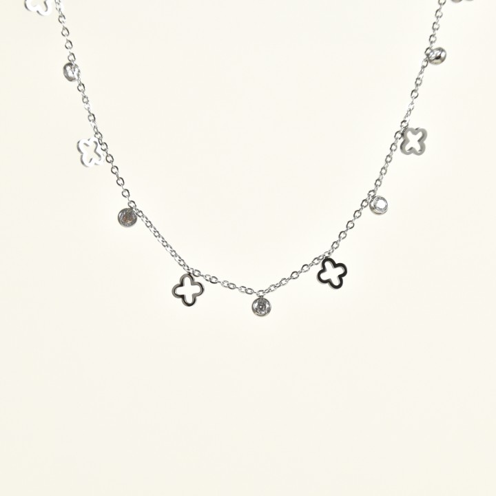 COLLIER TREFLES ET STRASS ACIER INOXYDABLE SILVER PETIT PRIX