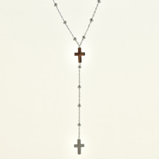 COLLIER SAUTOIR CROIX ET PERLES ACIER INOXYDABLE SILVER PETIT PRIX