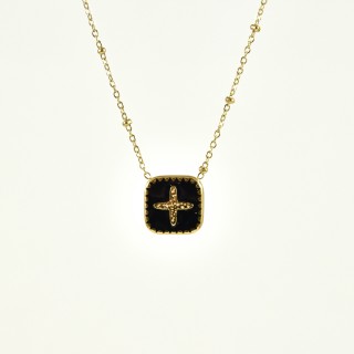 COLLIER CARRE NOIR CROIX ACIER INOXYDABLE GOLD PETIT PRIX