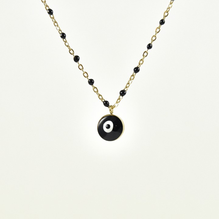 COLLIER PERLES ET OEIL NOIRS ACIER INOXYDABLE GOLD PETIT PRIX