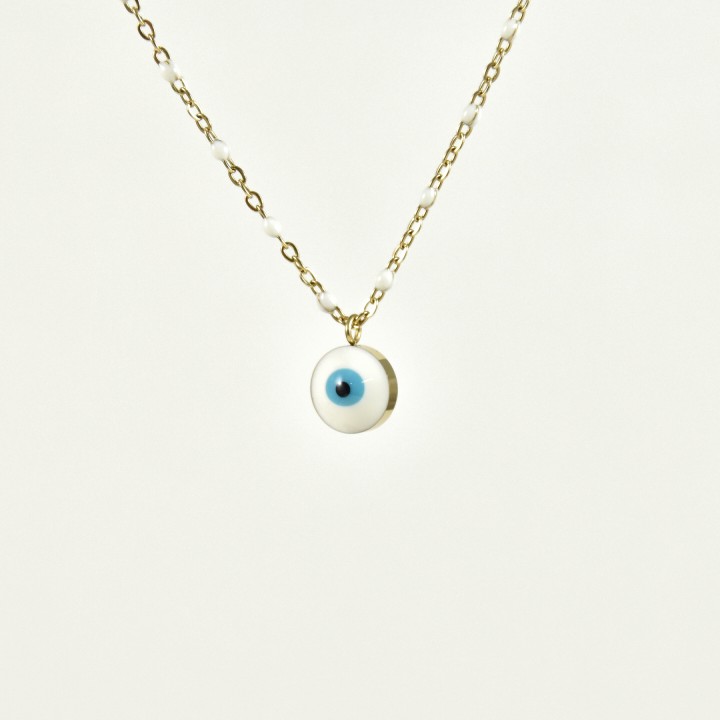 COLLIER PERLES ET OEIL BLANCS ACIER INOXYDABLE GOLD PETIT PRIX