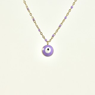 COLLIER PERLES ET OEIL MAUVES ACIER INOXYDABLE GOLD PETIT PRIX