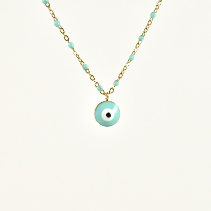 COLLIER PERLES ET OEIL TURQUOISES ACIER INOXYDABLE GOLD PETIT PRIX